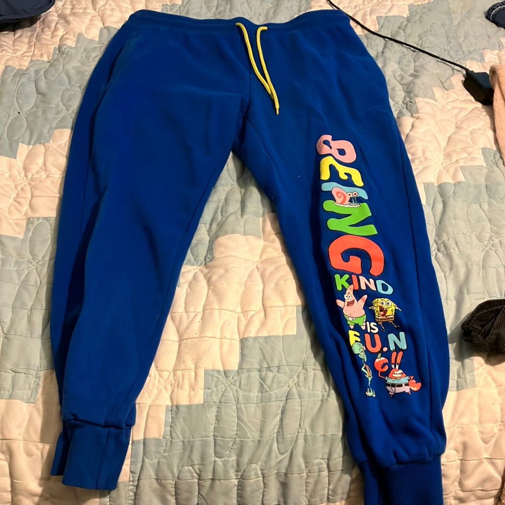 Blue SpongeBob sweatpants.